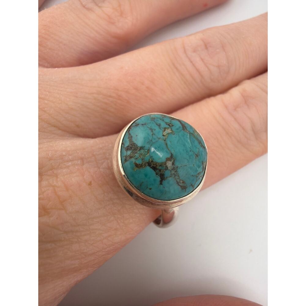 Sterling Silver Round Matrix Turquoise Bezel Ring Size 10 - Picture 2 of 7
